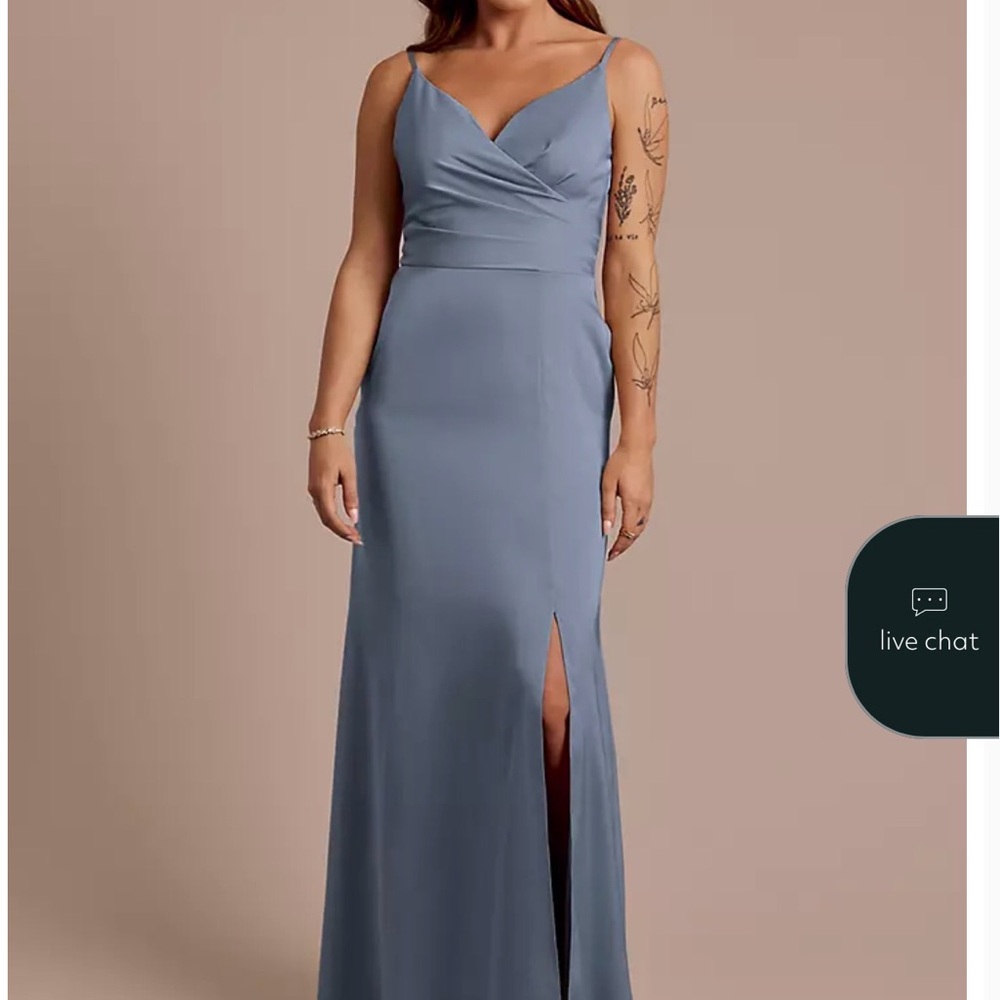Matte Satin Spaghetti Strap Surplice A-Line Maxi Bridesmaid Dress Steel Blue